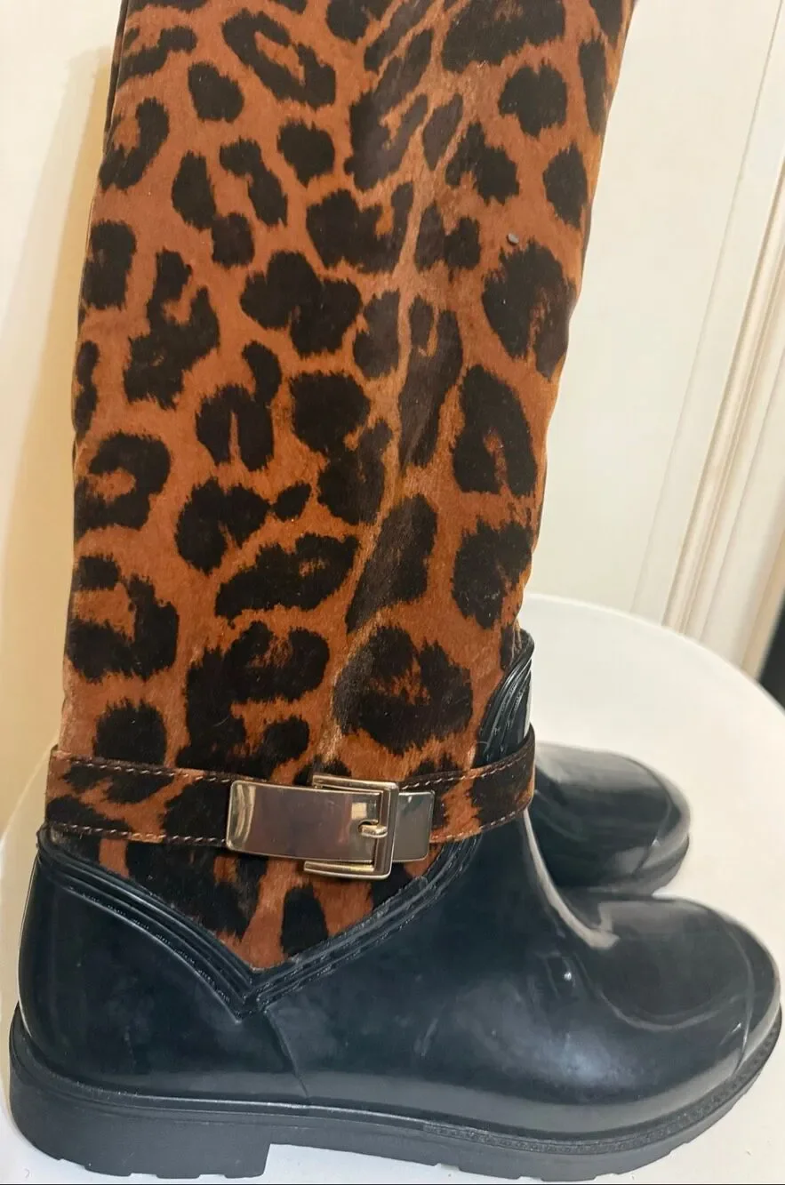 Bamboo Women's Leopard Print Mid-Calf Faux Fur Rain Boots Brown Black Size 8.5